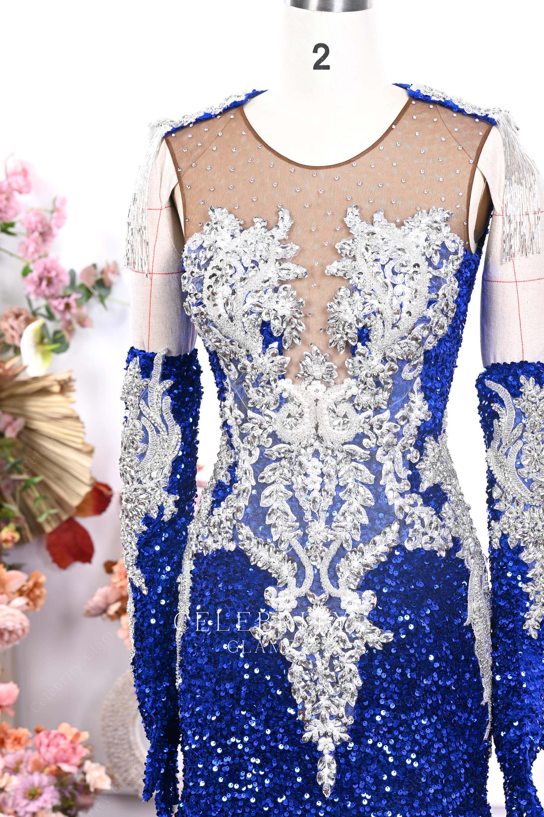 handsewn crystals royal blue sequin prom dress