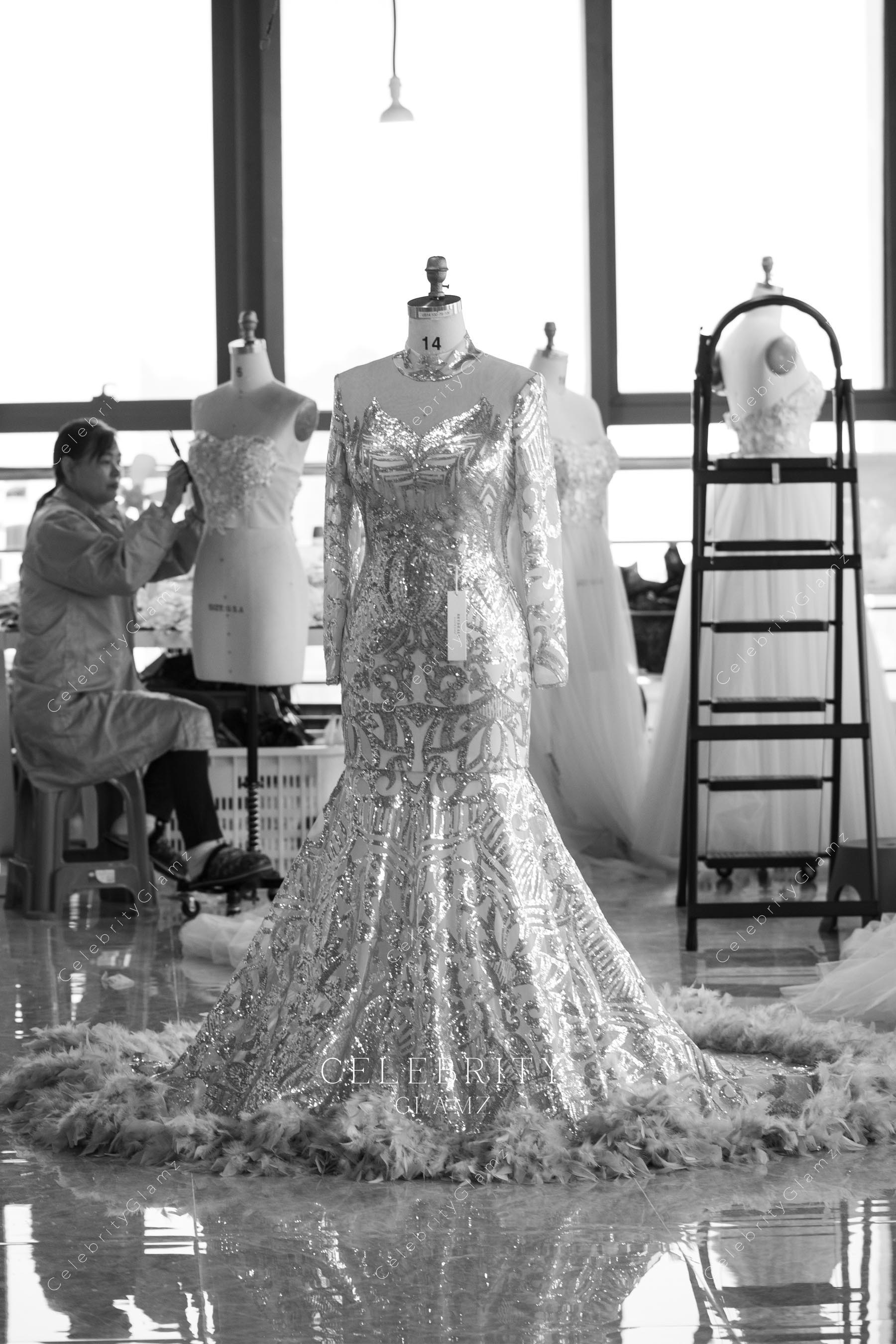 high neck sparkly sequin feather prom dress