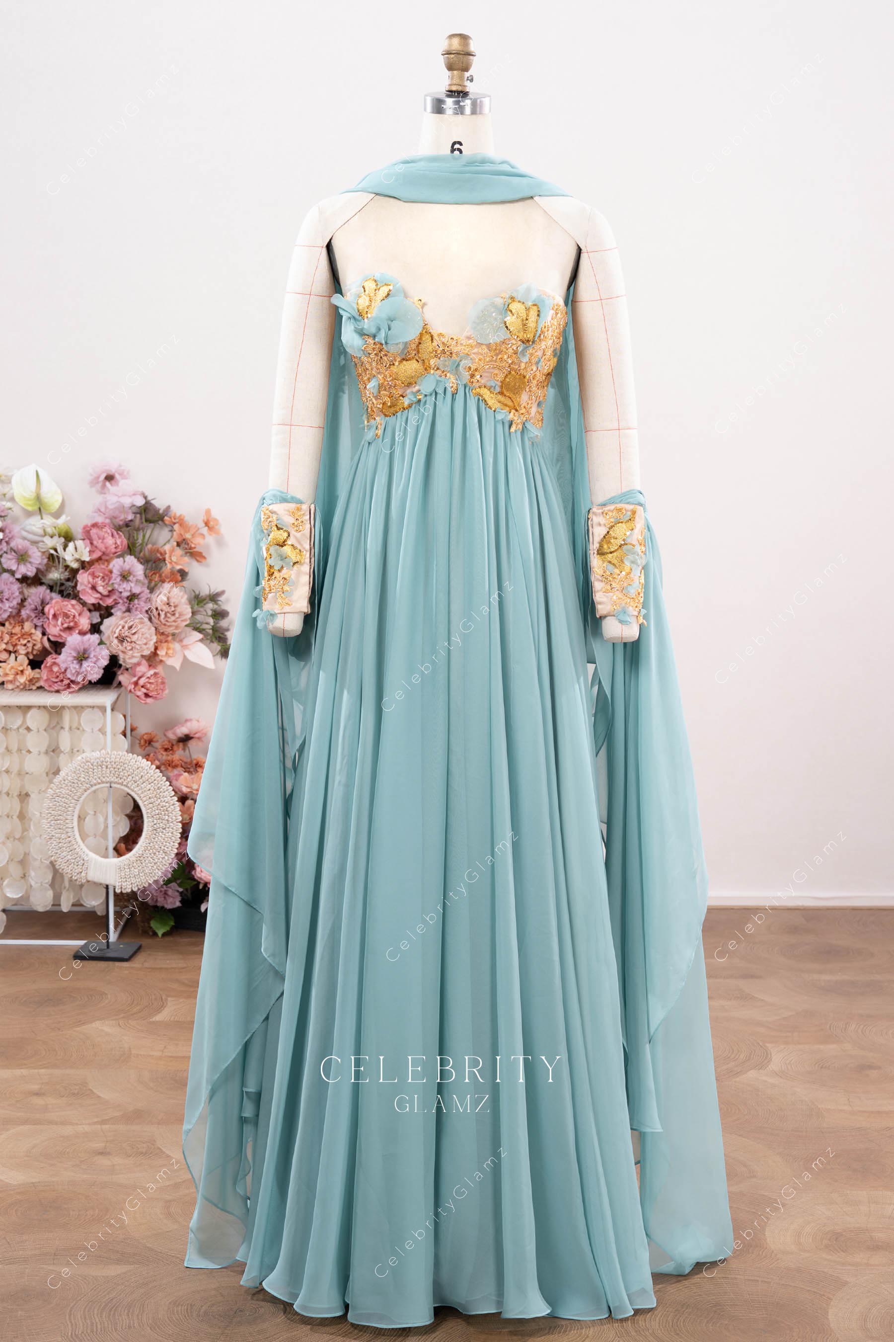 ice blue chiffon pleated formal dress 