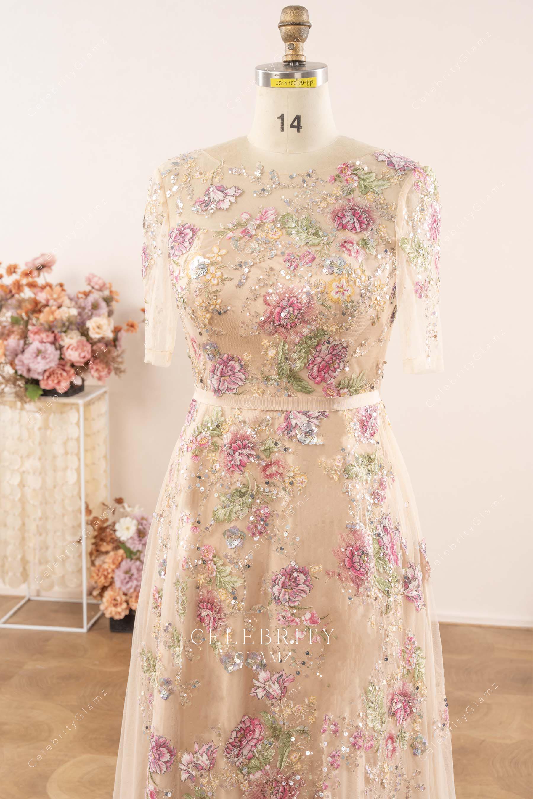illusion short sleeves mother of bride dress