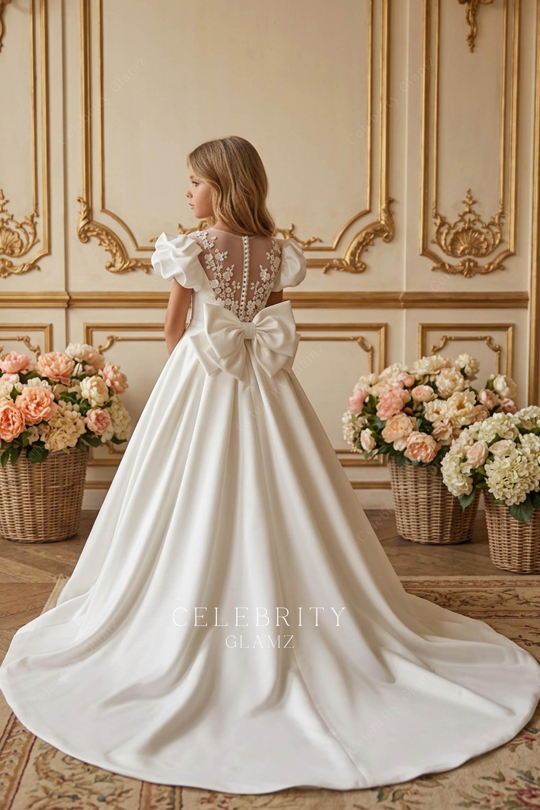 illusion back chapel train first communion dress