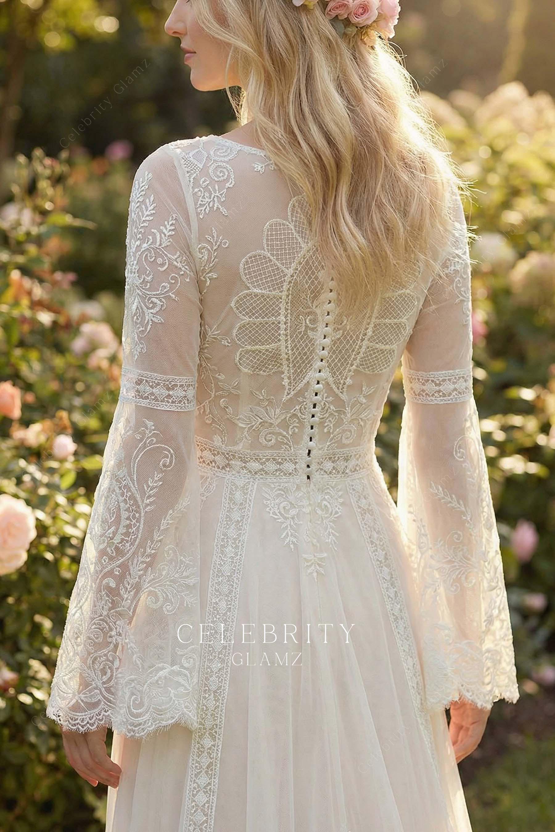 illusion bell sleeved a line wedding dress