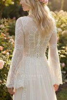 illusion bell sleeved a line wedding dress