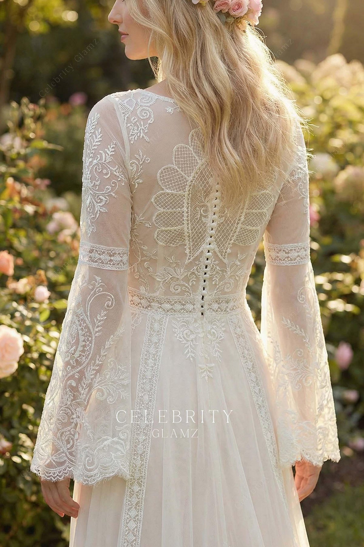 illusion bell sleeved a line wedding dress