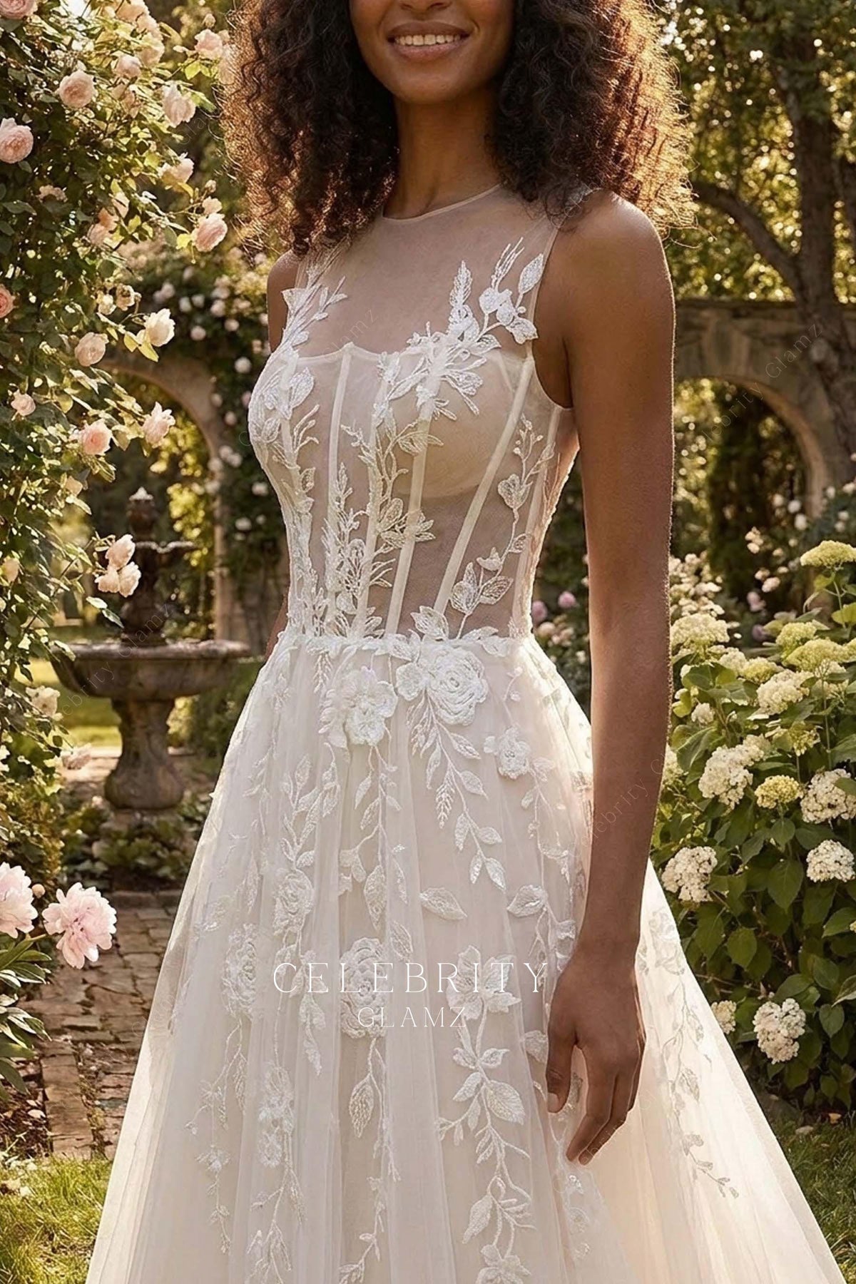 illusion buttoned back wedding dress
