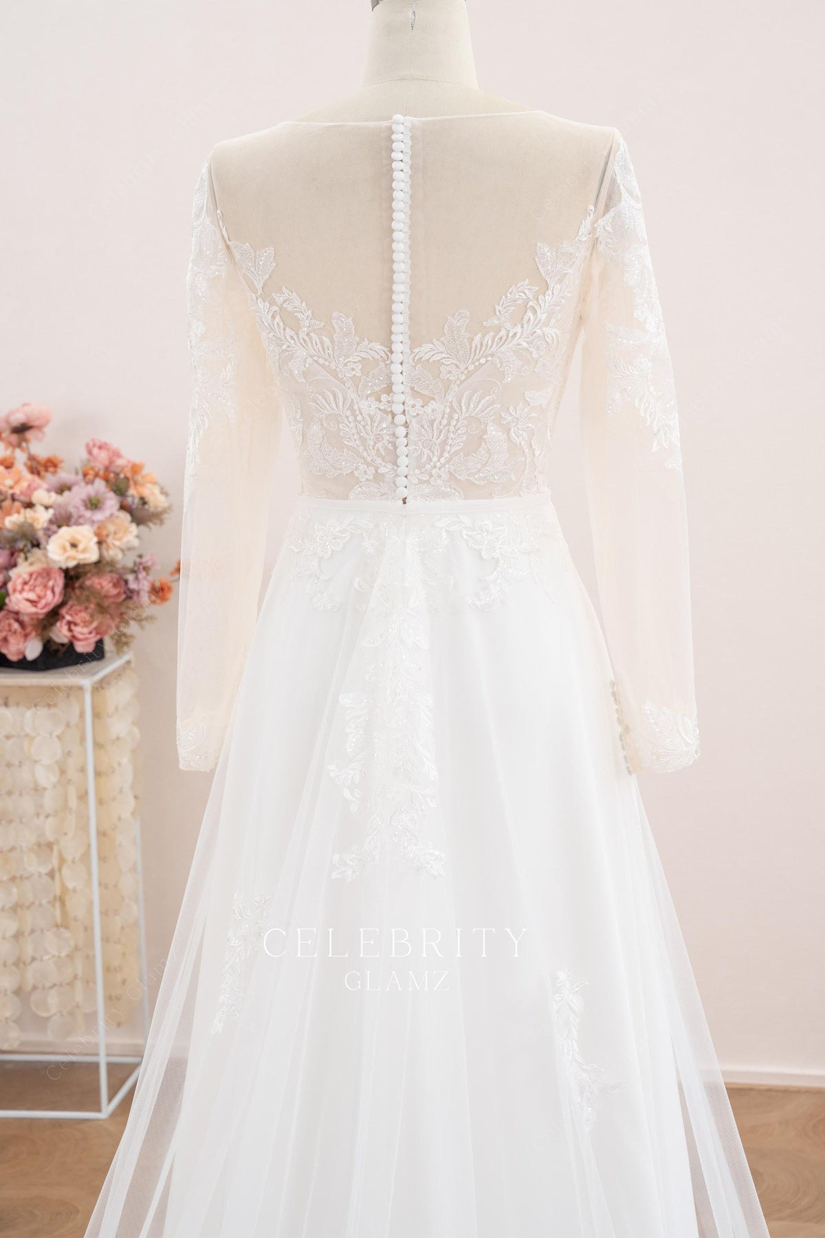 illusion buttoned back wedding dress