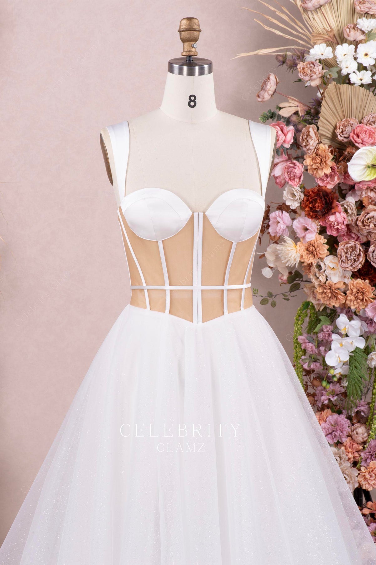 illusion corset white tulle wedding dress