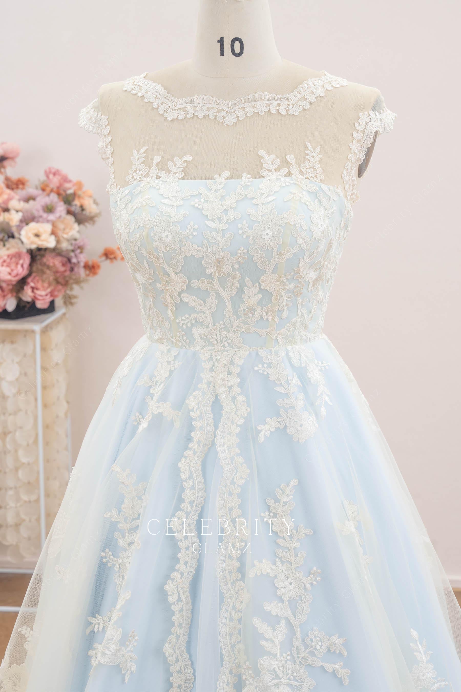 illusion lace curved neck bridal dress