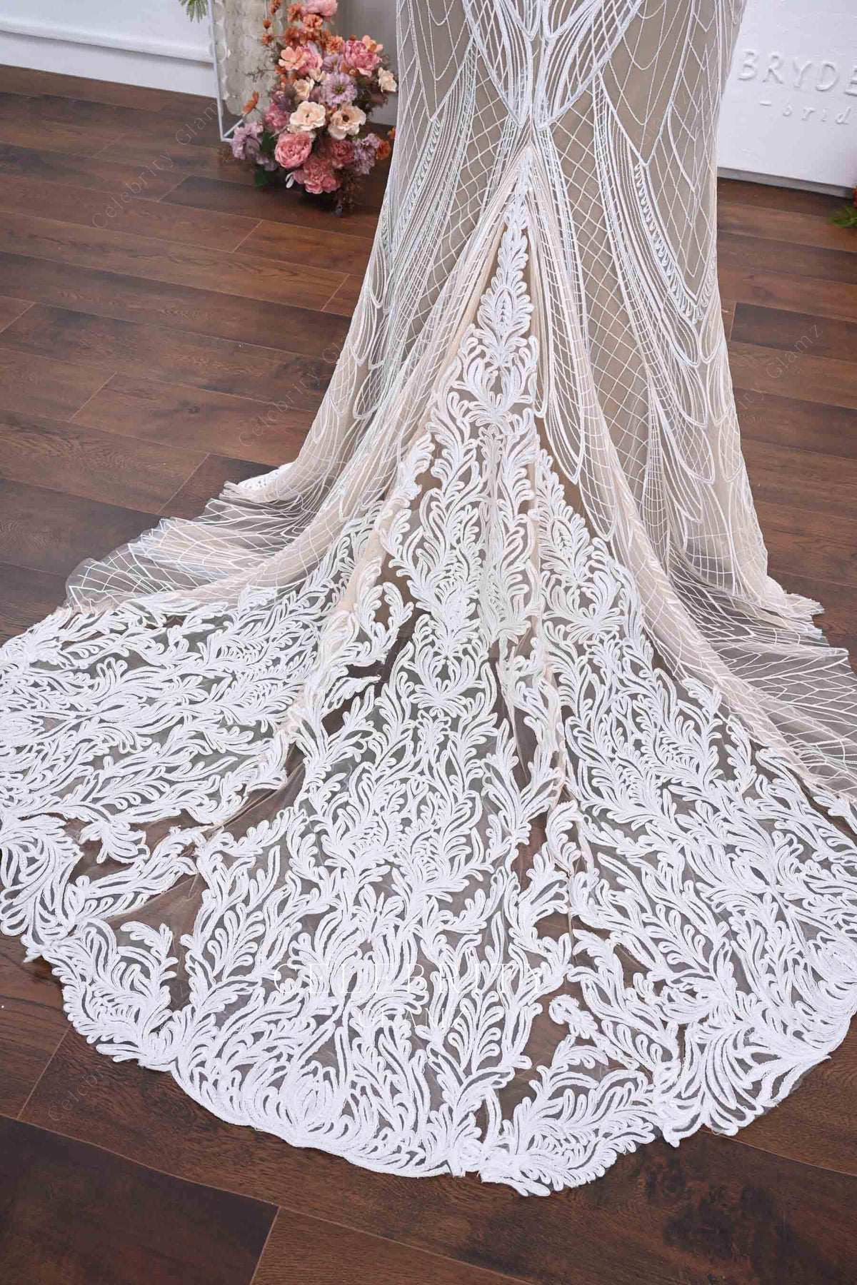 illusion lace godet train wedding dress