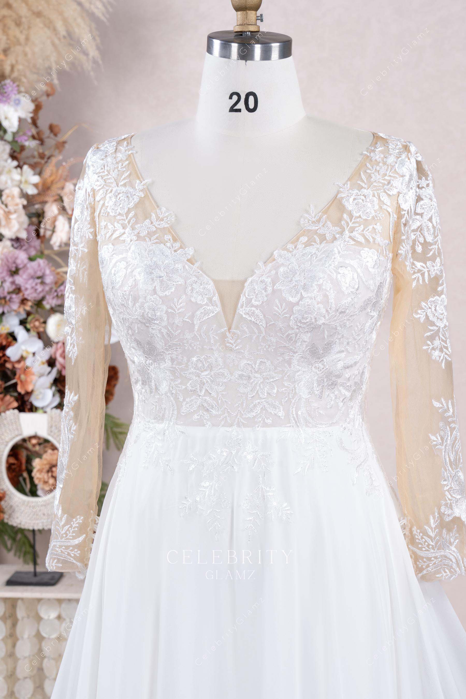 illusion lace long sleeves wedding dress