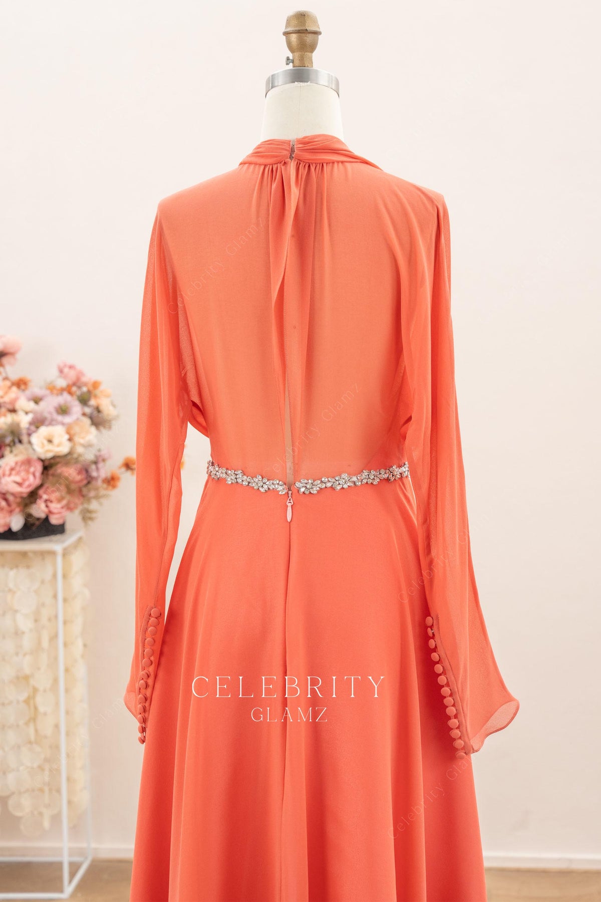 illusion long sleeve evening dress