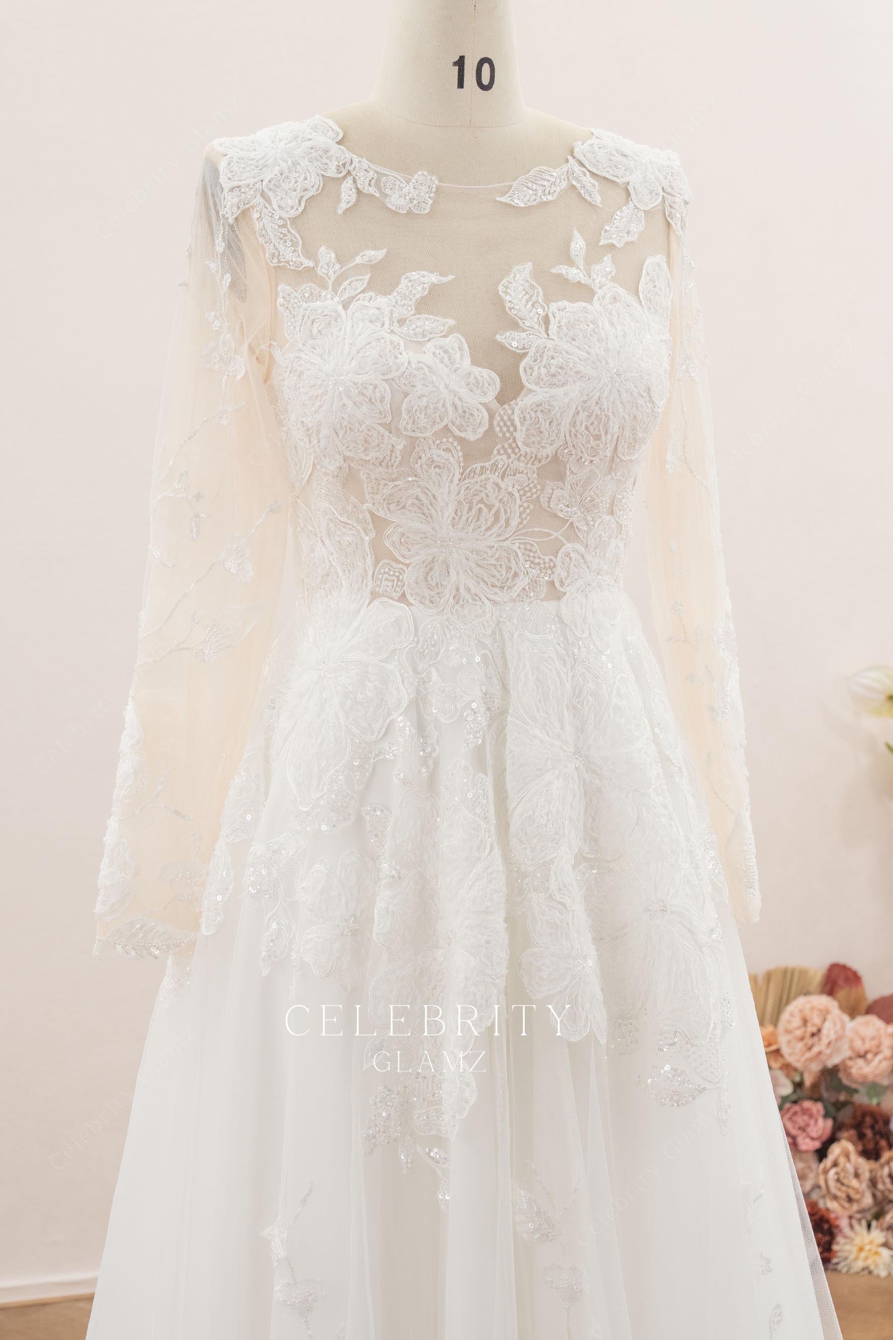 illusion long sleeve wedding dress