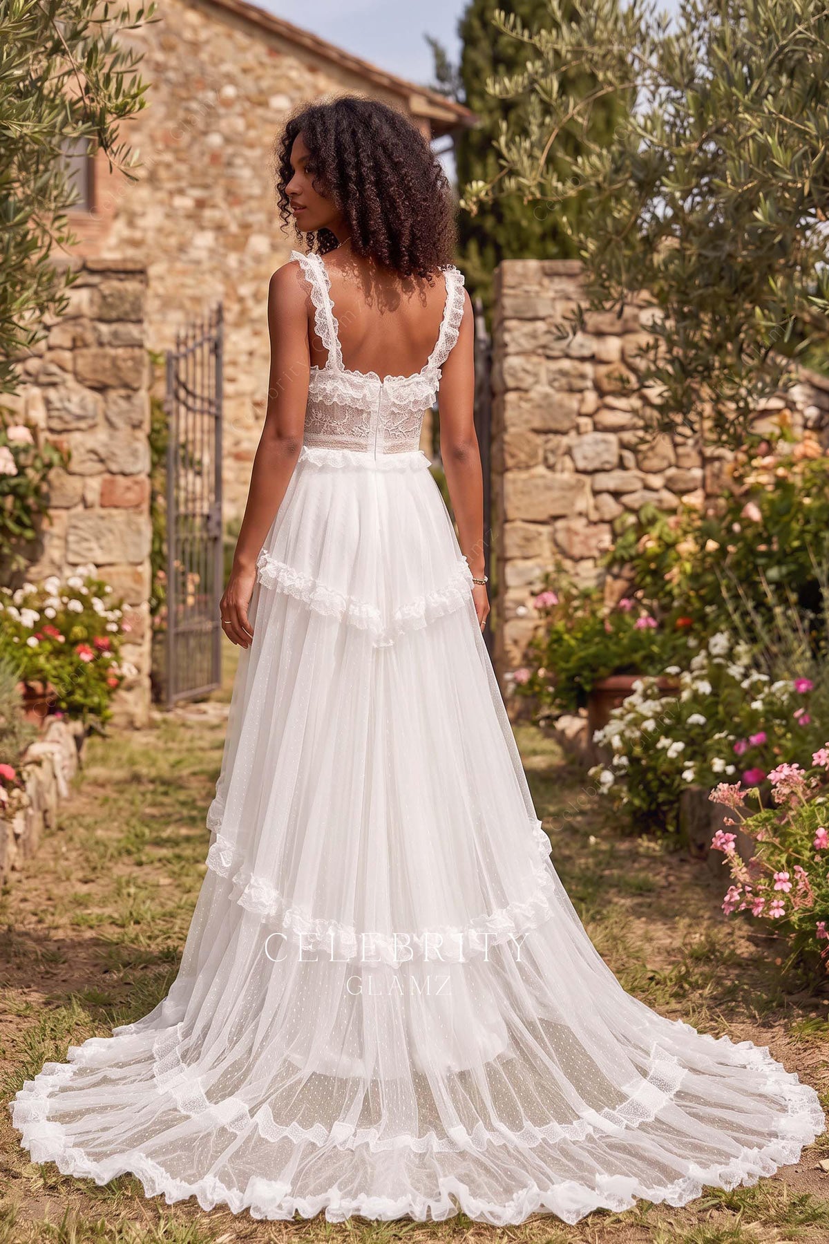 illusion long train wedding dress