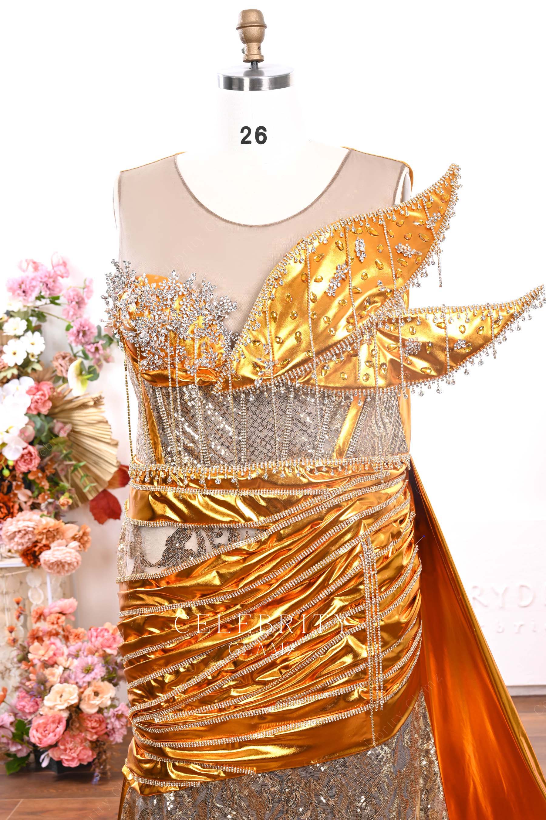 illusion neck gold prom dress