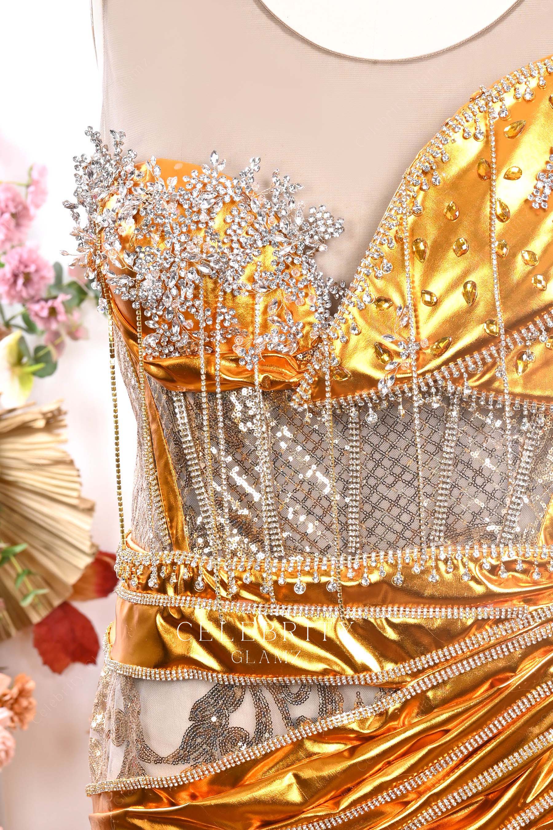 illusion neck tassels gold prom dress