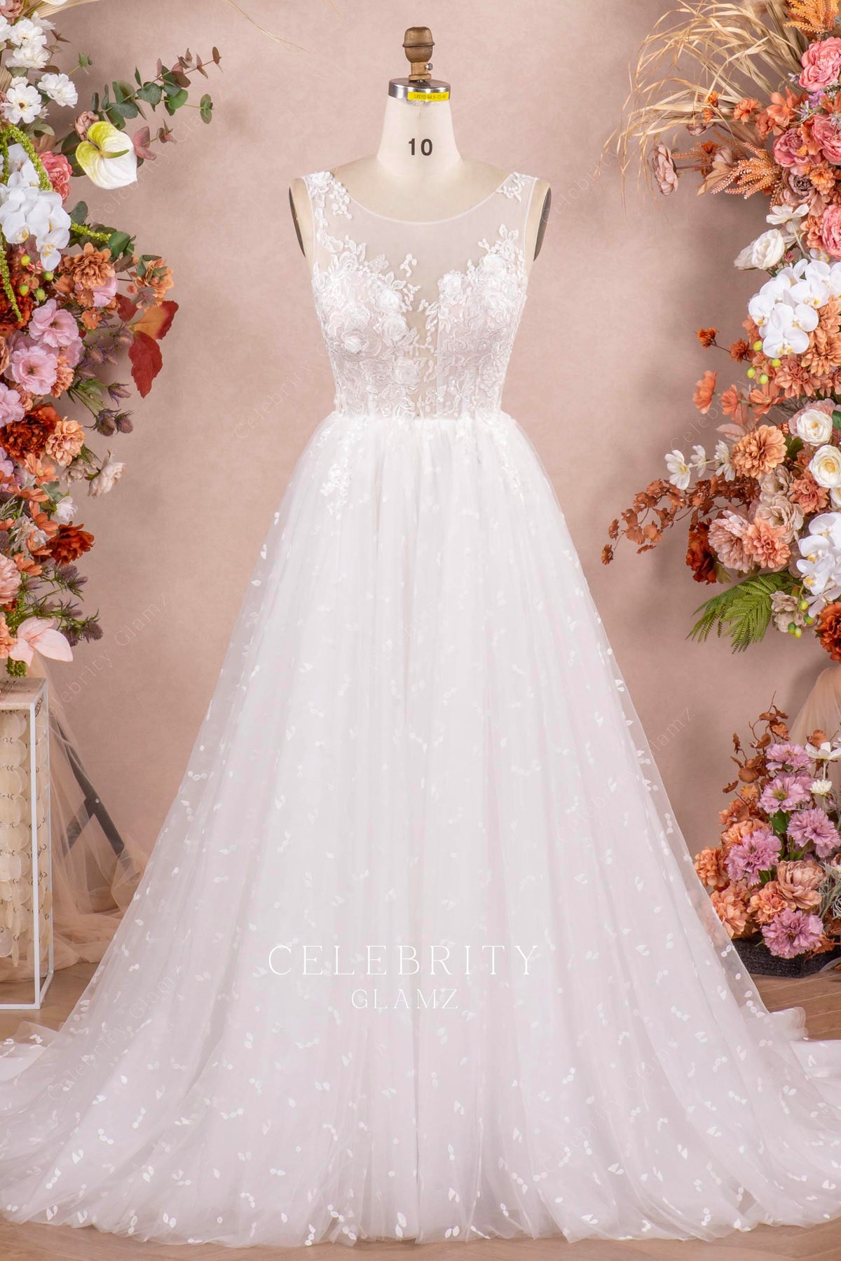 illusion plunging neck Aline wedding dress