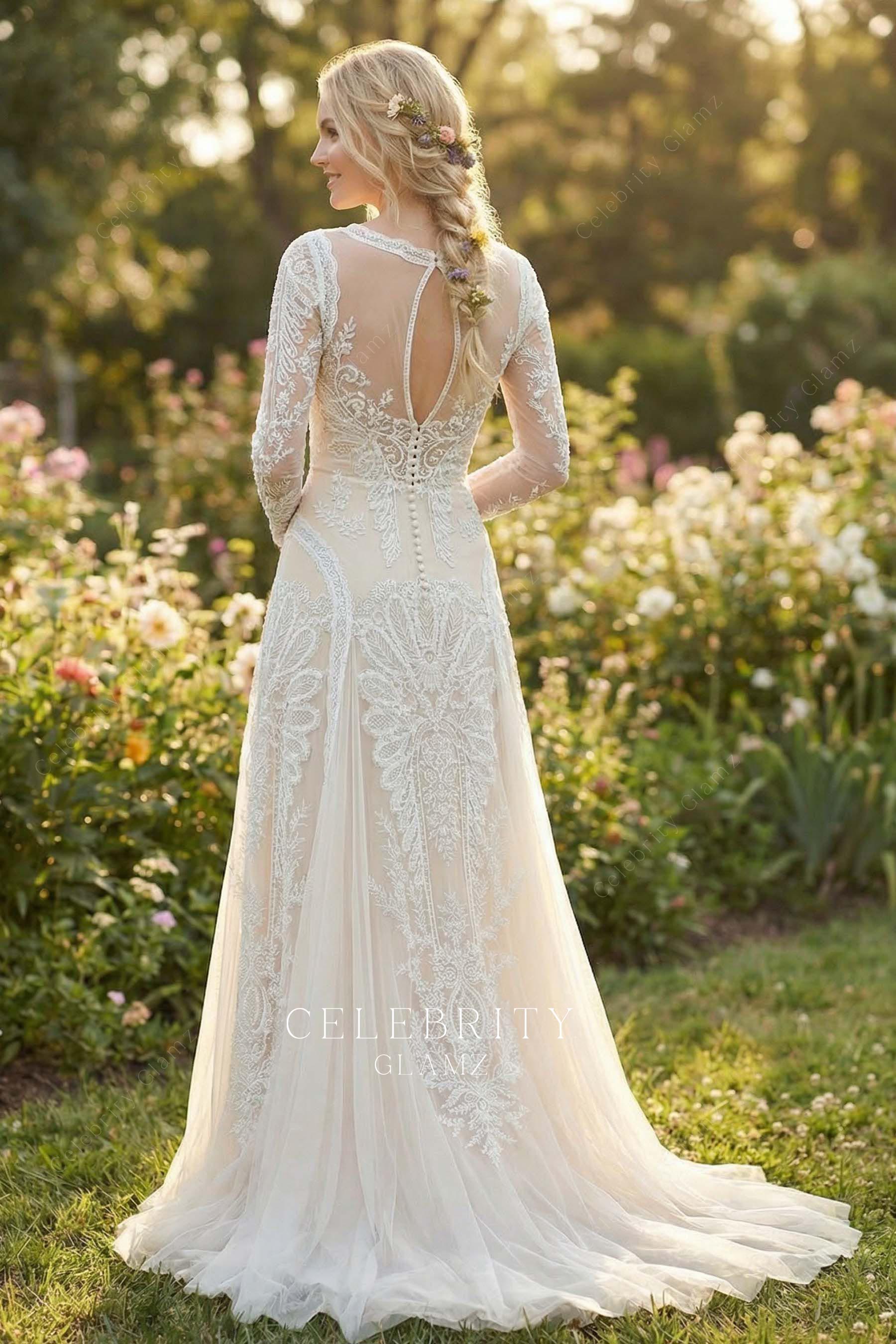 illusion tulle train bridal dress