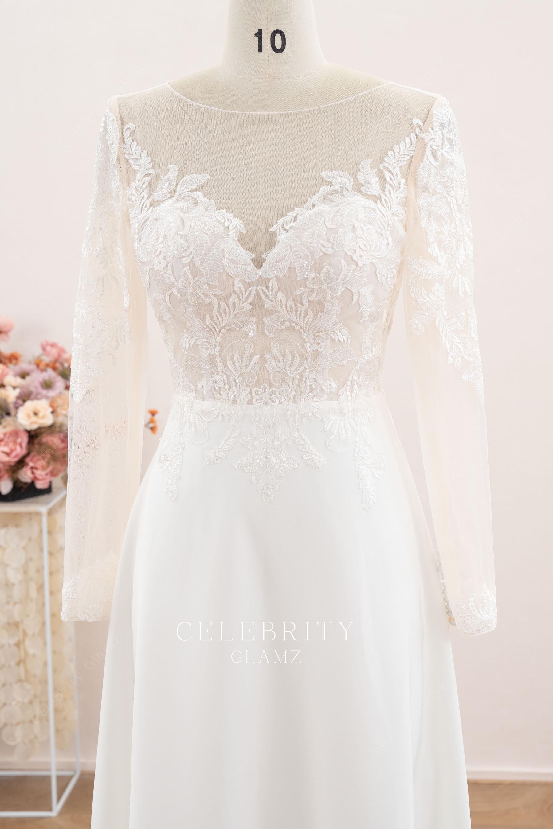 illusion v neck a line wedding dress