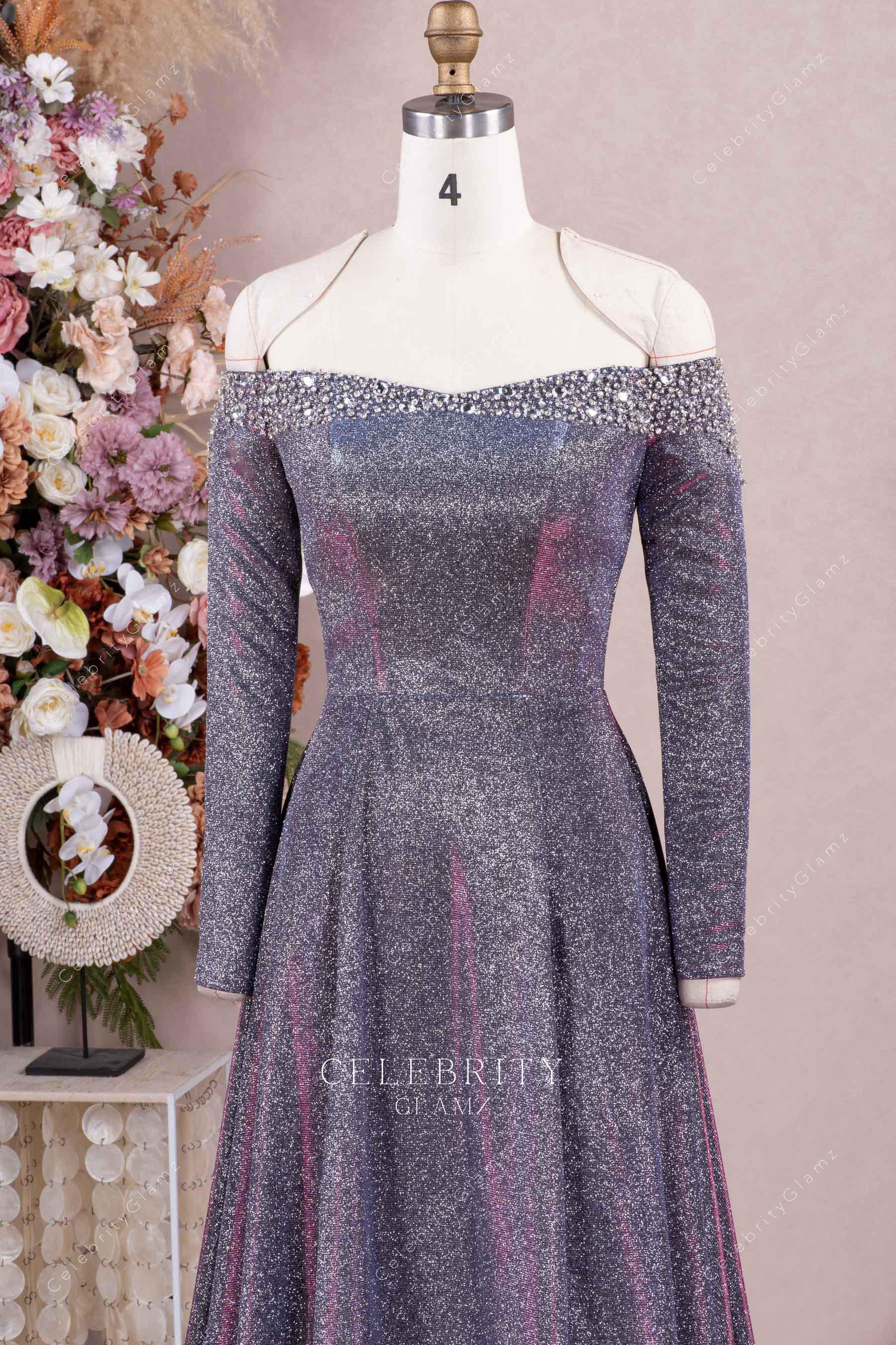 iridescent glitter off shoulder prom dress