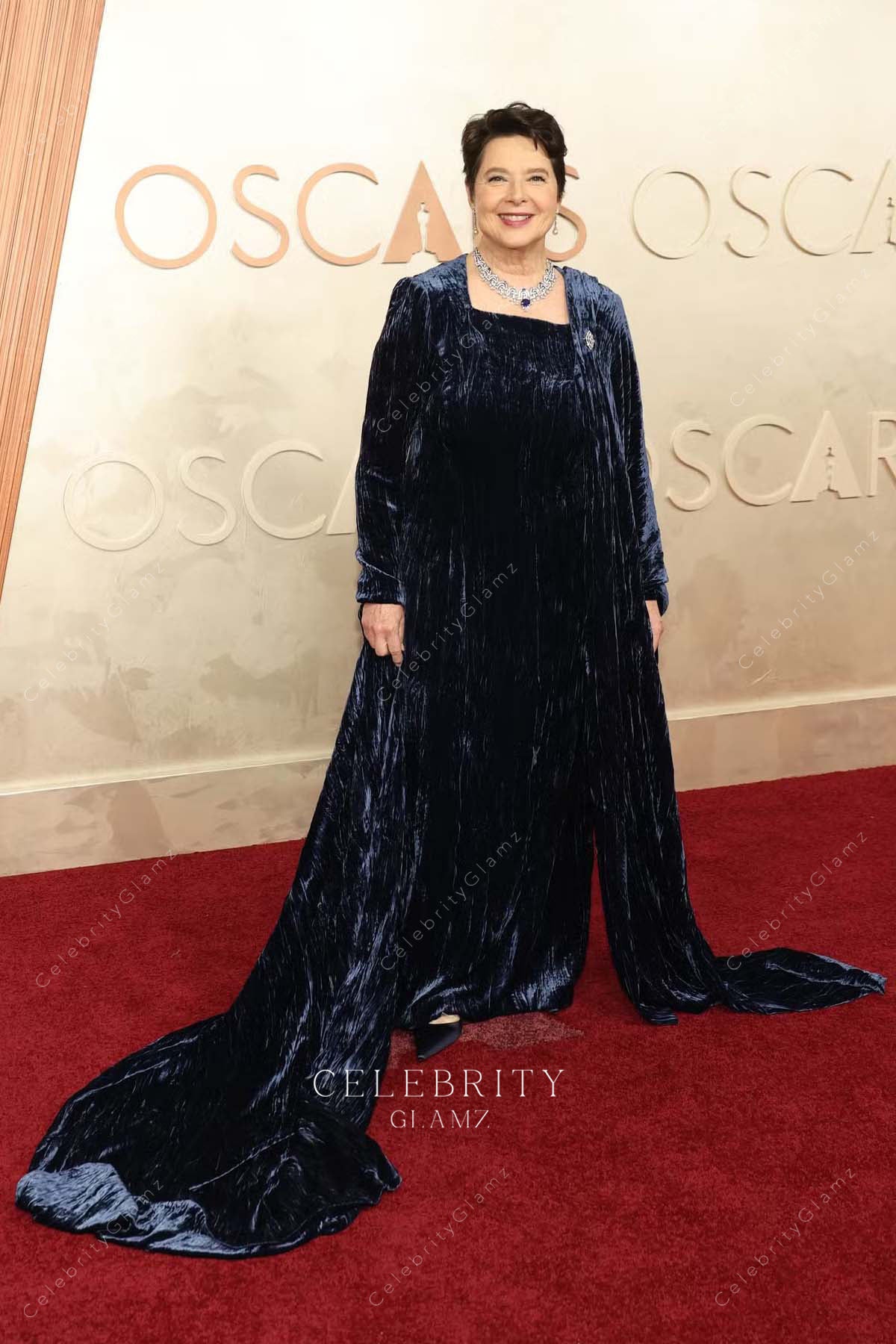 Isabella Rossellini dark navy velvet 2025 Oscars red carpet prom dress