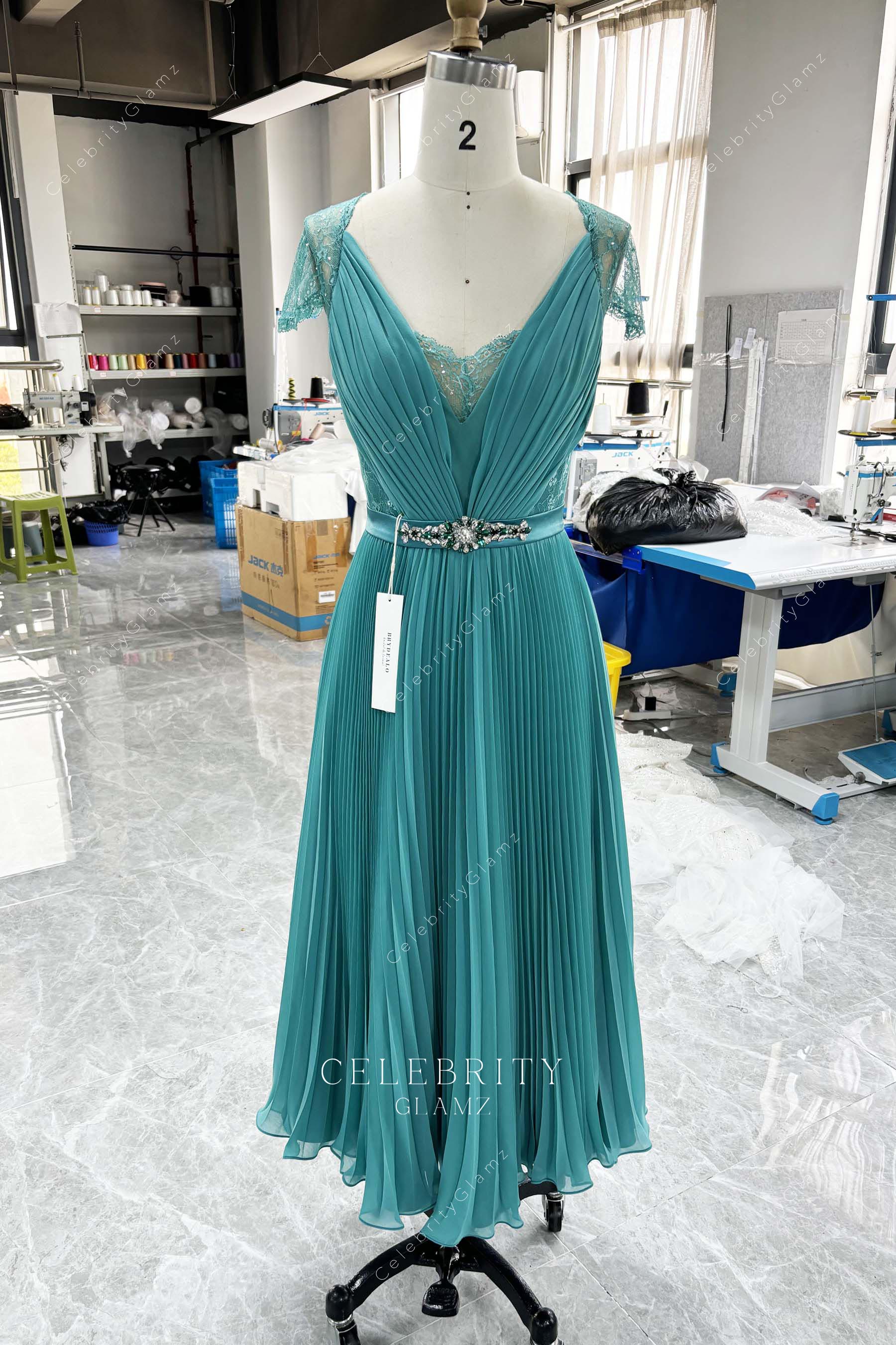 jade chiffon lace midi bridesmaid dress