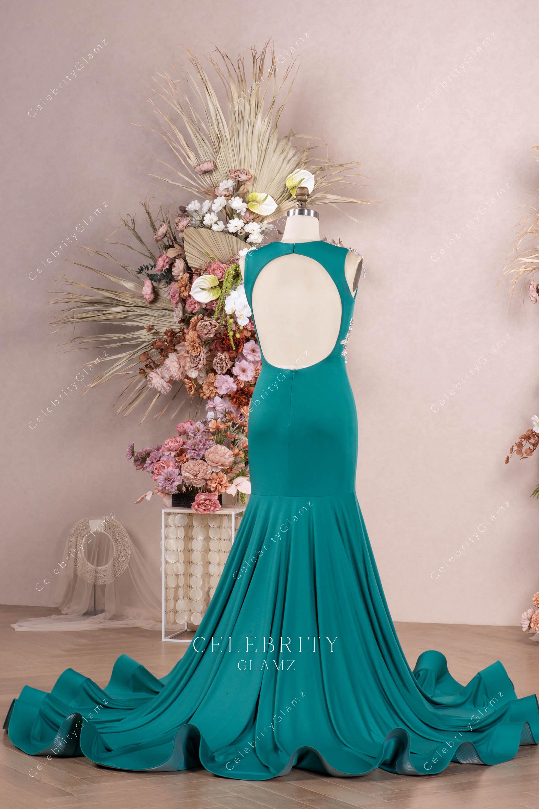 jade green open back prom dress