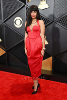 Jameela Jamil red halter prom dress Grammys red carpet 2024 