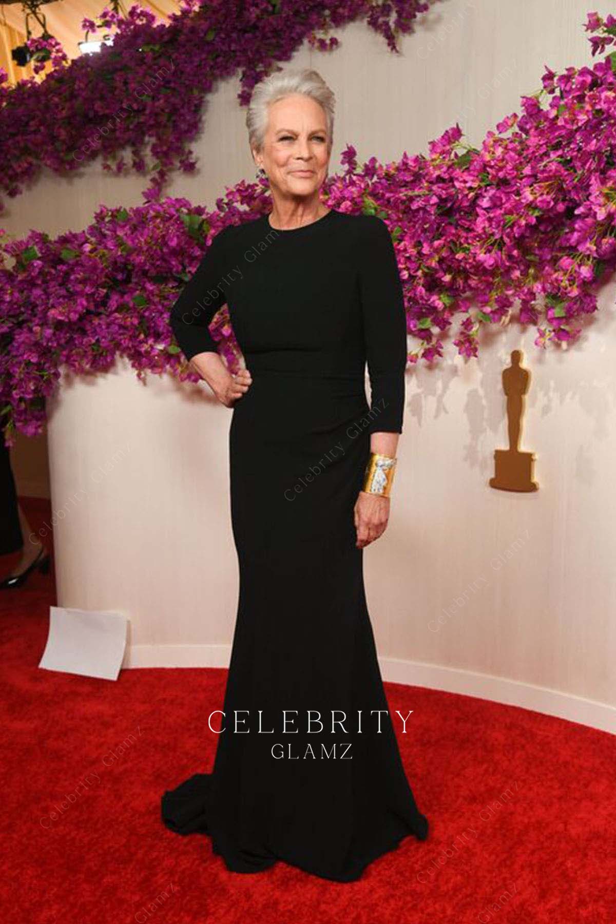 Jamie Lee Curtis crew neck formal dress 2024 Oscars red carpet