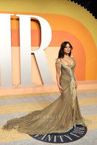 Jenna Ortega olive 2025 high split Vanity fair party dress