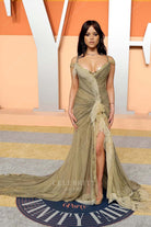 Jenna Ortega olive v neck 2025 Vanity fair party prom dress