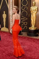Jennifer Lawrence orange red fit flare carpet dress Oscars 2014