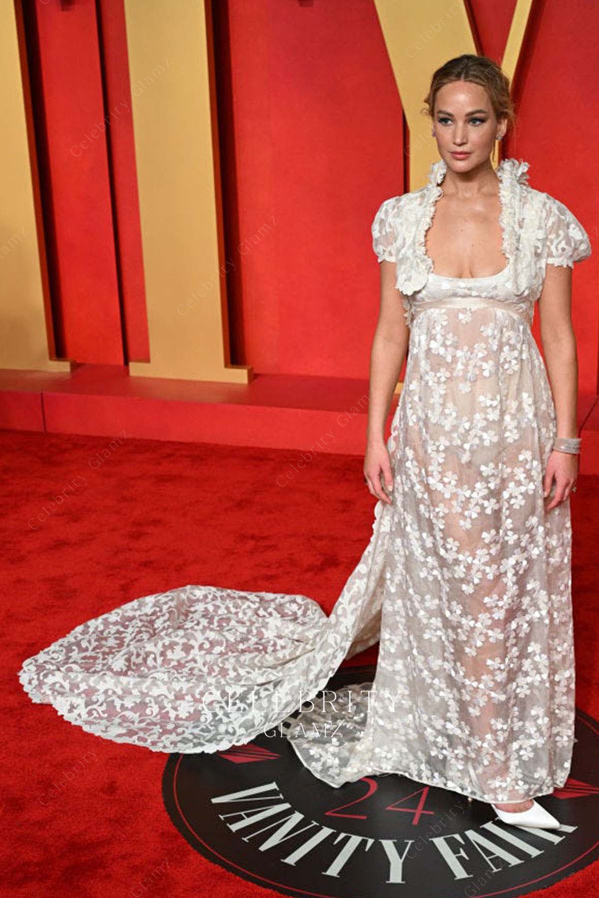 Jennifer Lawrence ivory lace prom dress 2024 Oscars after party