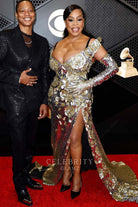 Jessica Betts glitter off shoulder prom dress Grammys red carpet 2024