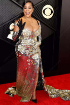 Jessica Betts v neck prom dress Grammys red carpet 2024