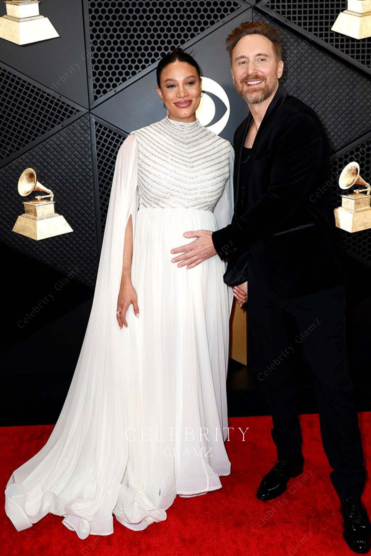 Jessica Ledon white high neck prom dress Grammys red carpet 2024 