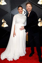 Jessica Ledon white high neck prom dress Grammys red carpet 2024 