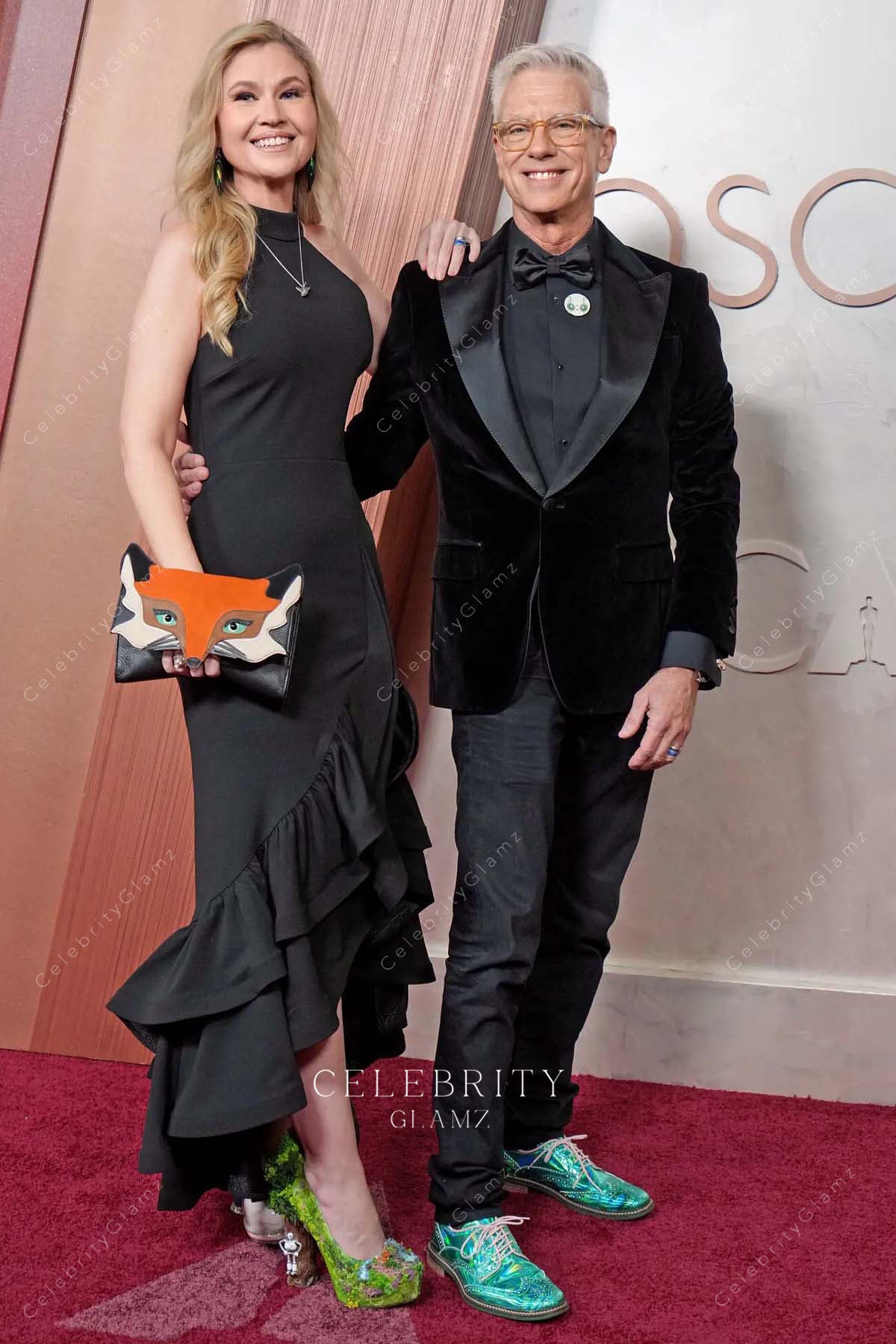 Jessica Steele-Sanders black 2025 Oscars red carpet high low dress