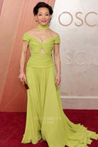 Joan Chen pleated v neck 2025 Oscars red carpet prom dress
