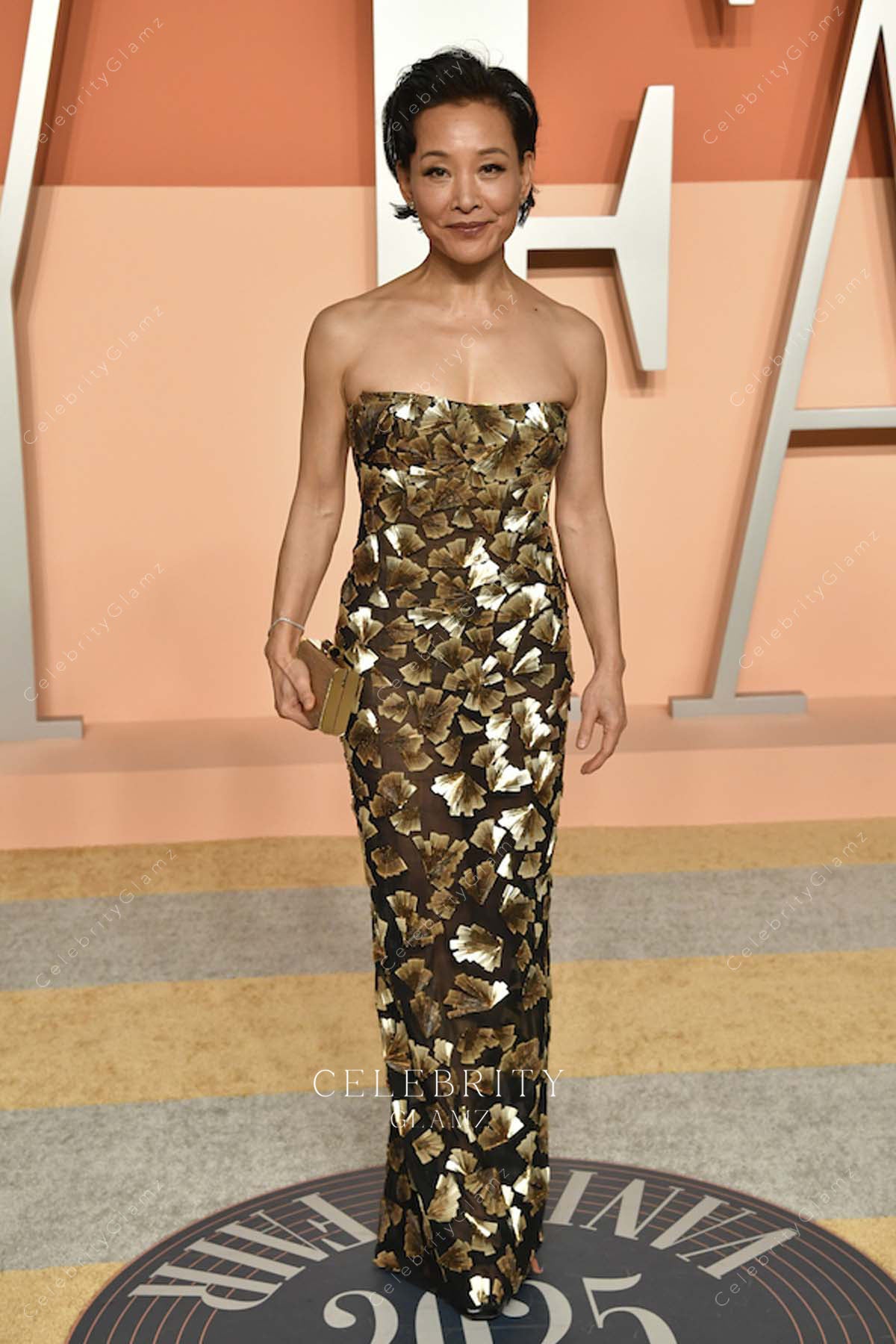 Joan Chen strapless 2025 Vanity Oscar Party column dress