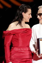 Juliette Binoche pleated off shoulder formal dress Cannes film festival red carpet 2024