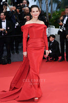 Juliette Binoche red long sleeve formal dress Cannes film festival red carpet 2024