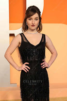 Kaitlyn Dever black glitter 2025 wide straps Vanity fair party dress