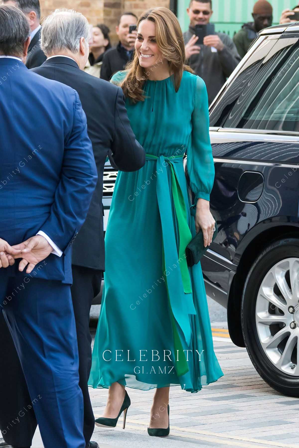 Kate blue green a line dress visit aga khan Centre 2019