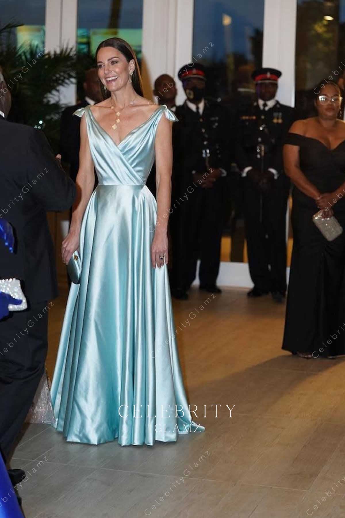Kate blue satin 2022 Bahamas reception formal dress 