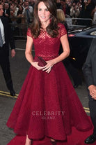 Kate burgundy a line dress west end musical opening night 2017