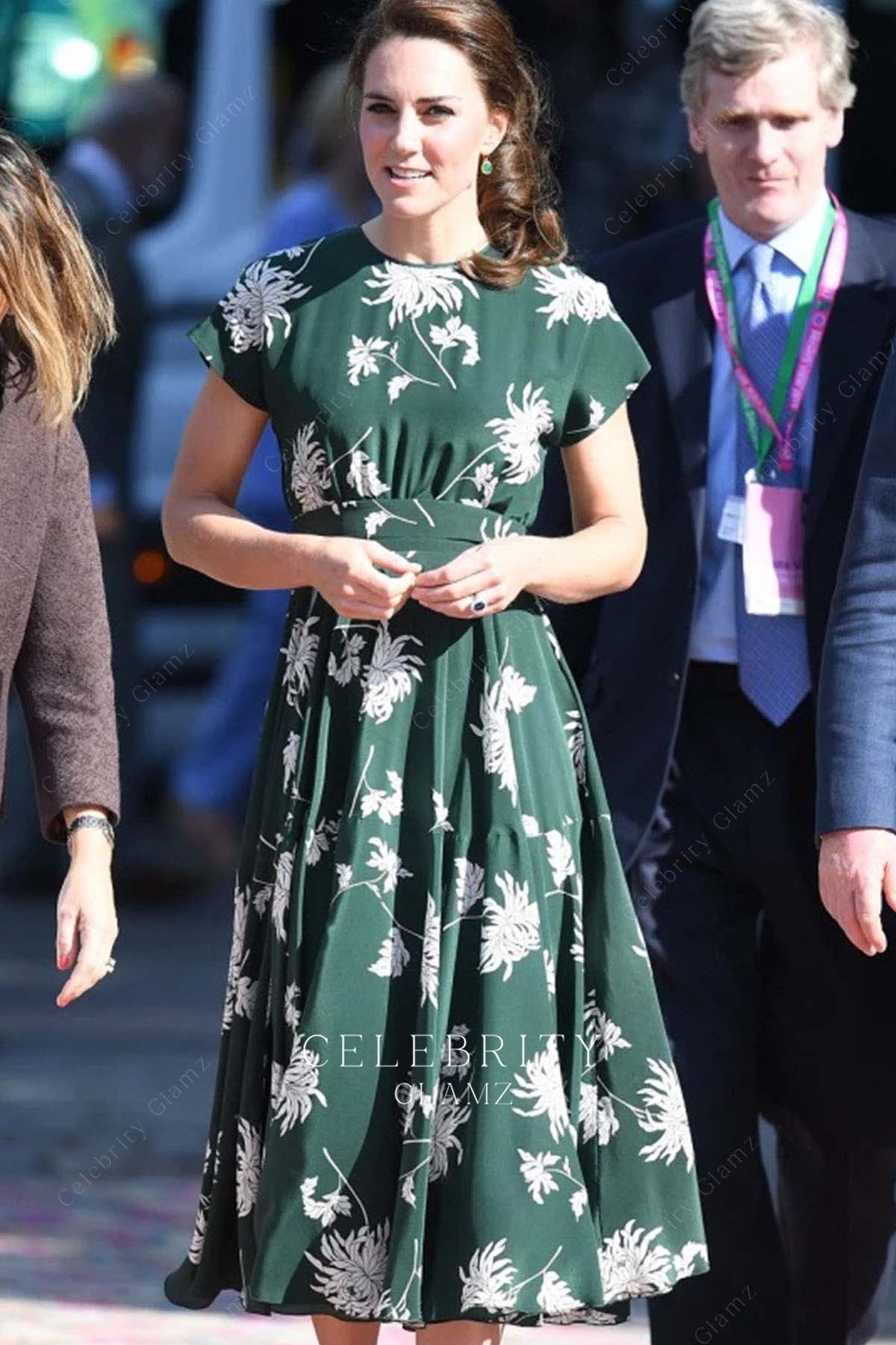 Kate Middleton emerald printed formal dress London Chelsea flower show 2017 