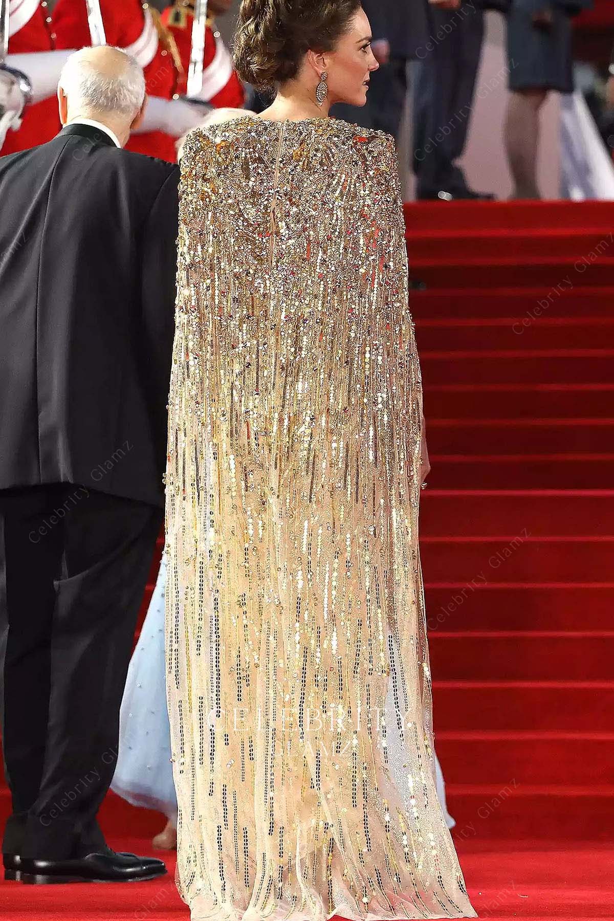 Kate gold cape prom dress time to die premiere 