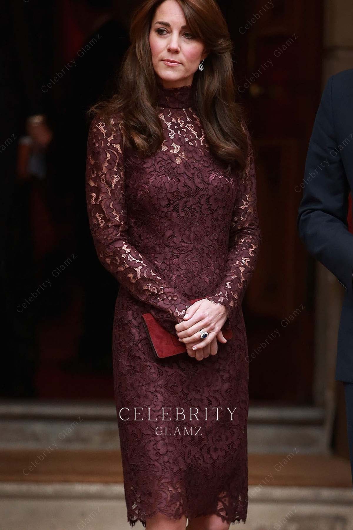 Kate plum lace high neck formal dress greet Chinese president 2015