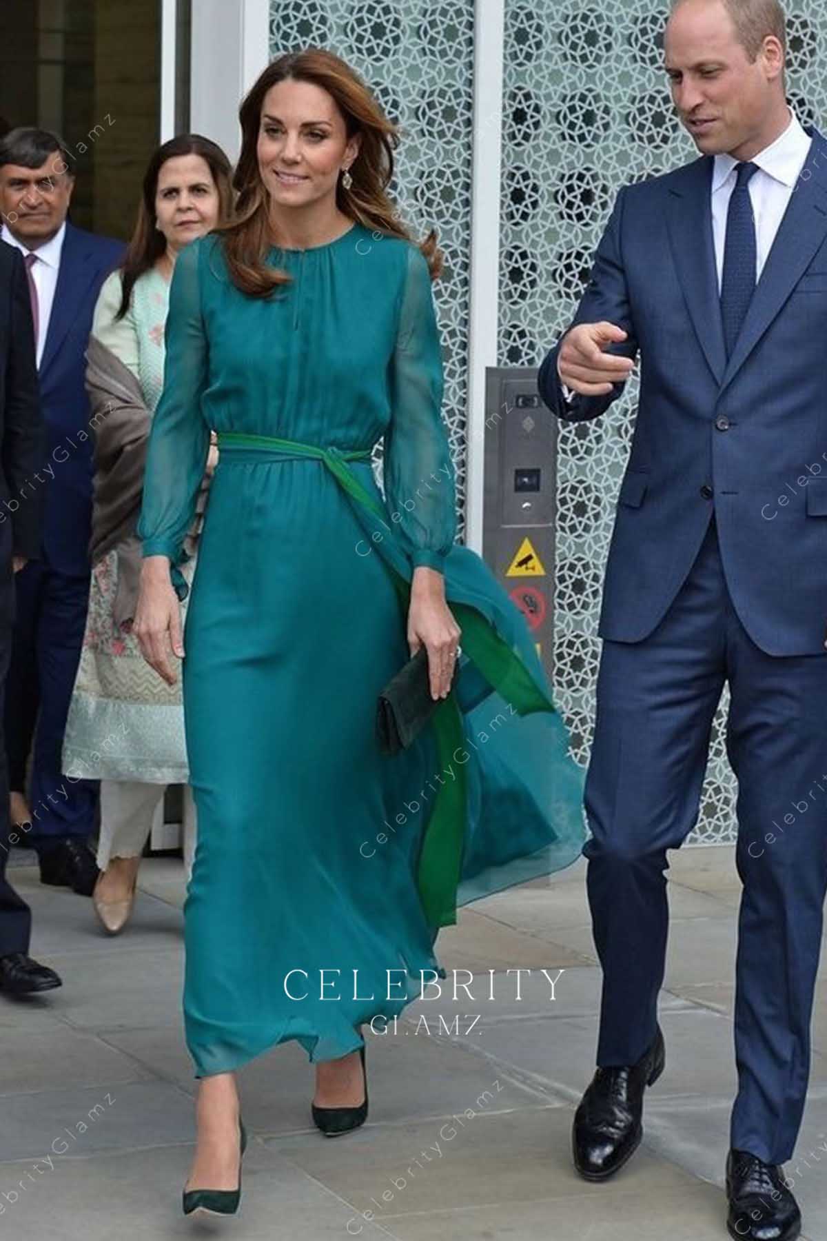 Kate teal contrast belt dress visit aga khan Centre 2019