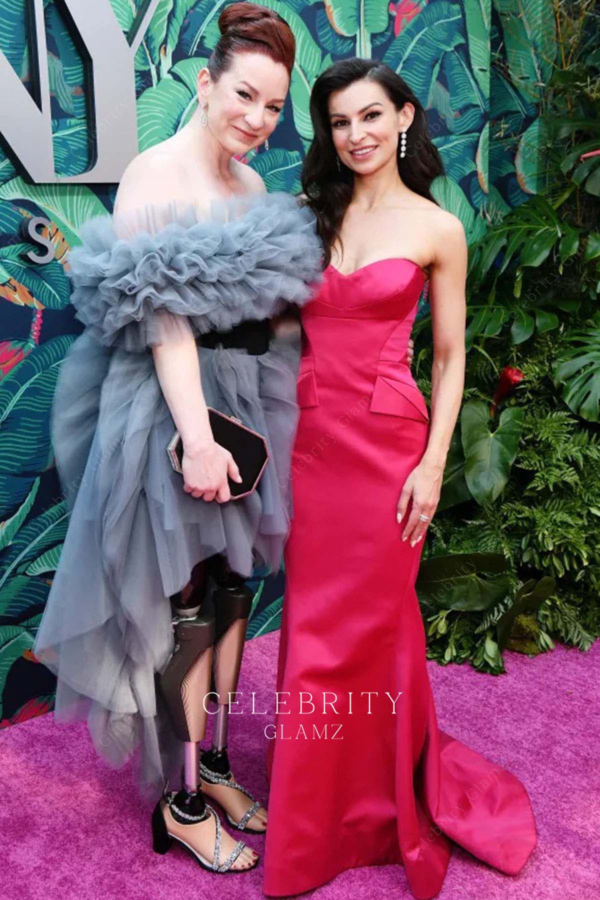 Katy Sullivan grey off shoulder tulle prom dress 76th tony awards